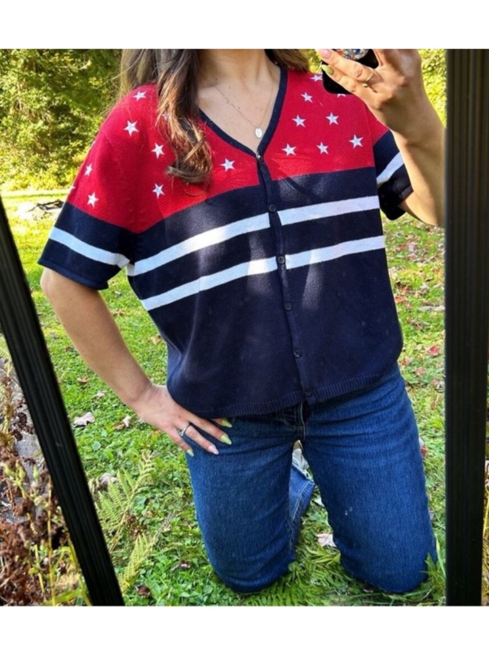Norton Studio Red and Navy Star Stripe Button-Up Cardigan Size Large Patriotic